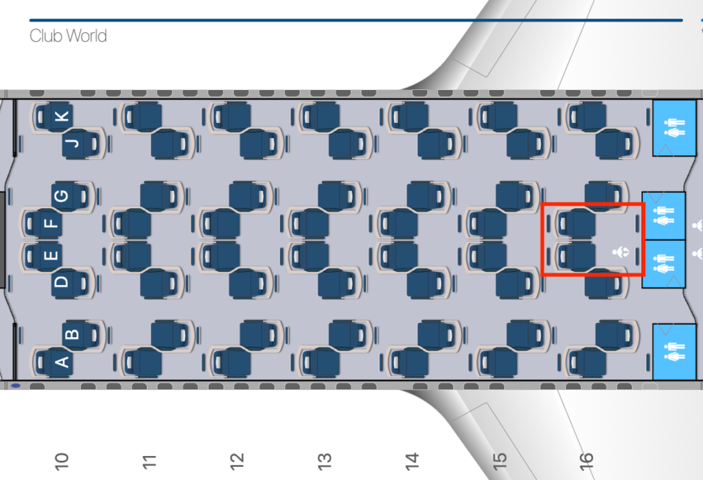 Seat map of British Airways' Boeing 777-300ER business class, with our seats highlighted in red
