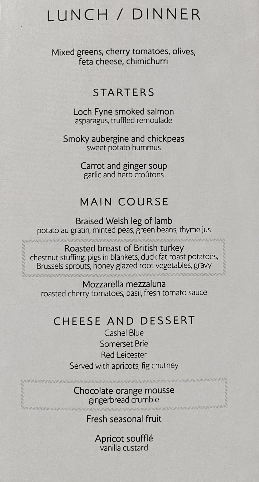 Dinner menu showing starters, mains, and cheese or desserts